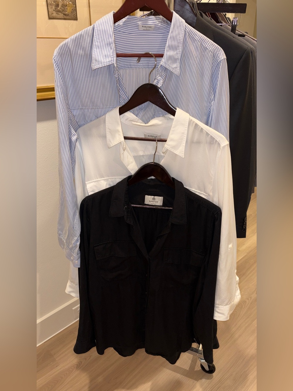 Aritzia Babaton 3 Utility Shirts Sz Large Black , White and Blue White Stripe